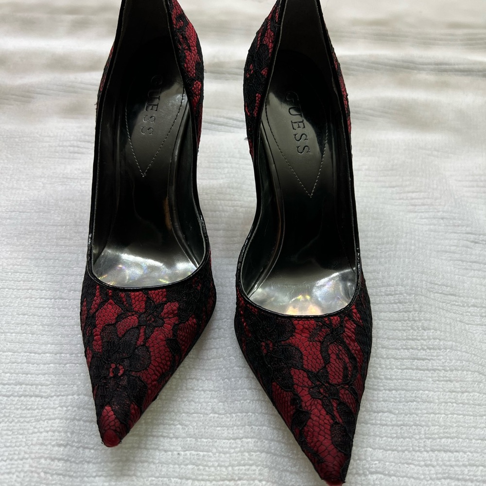 Guess red satin w/black lace size 8 but fits more to a 7.5